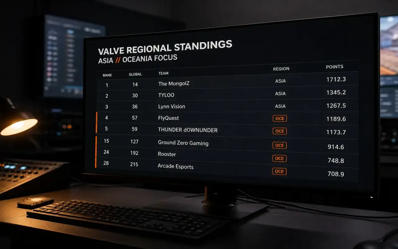 Valve Regional Standings leaderboard with Oceania teams
