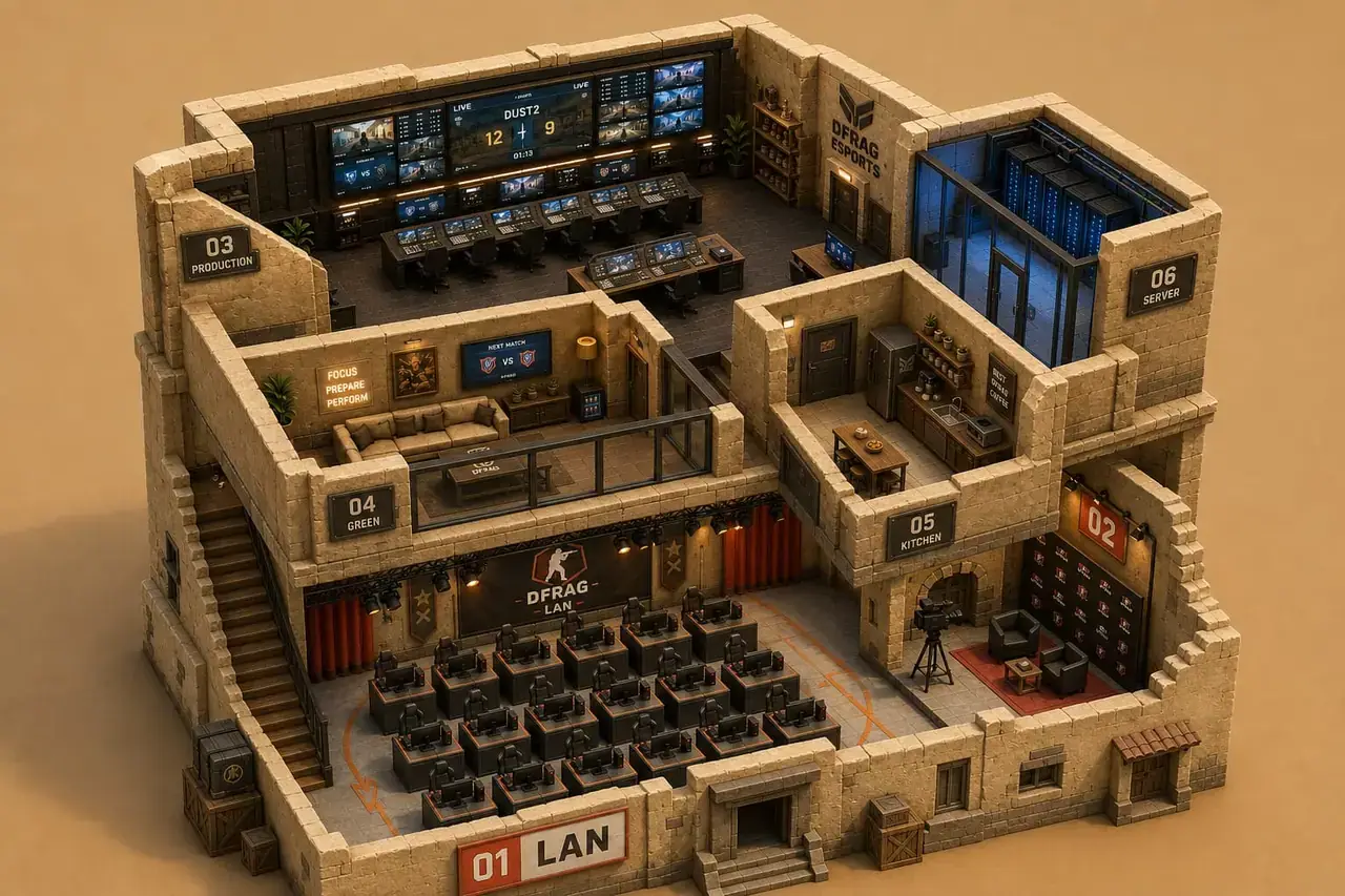 Isometric cutaway of the full two-storey DFRAG studio