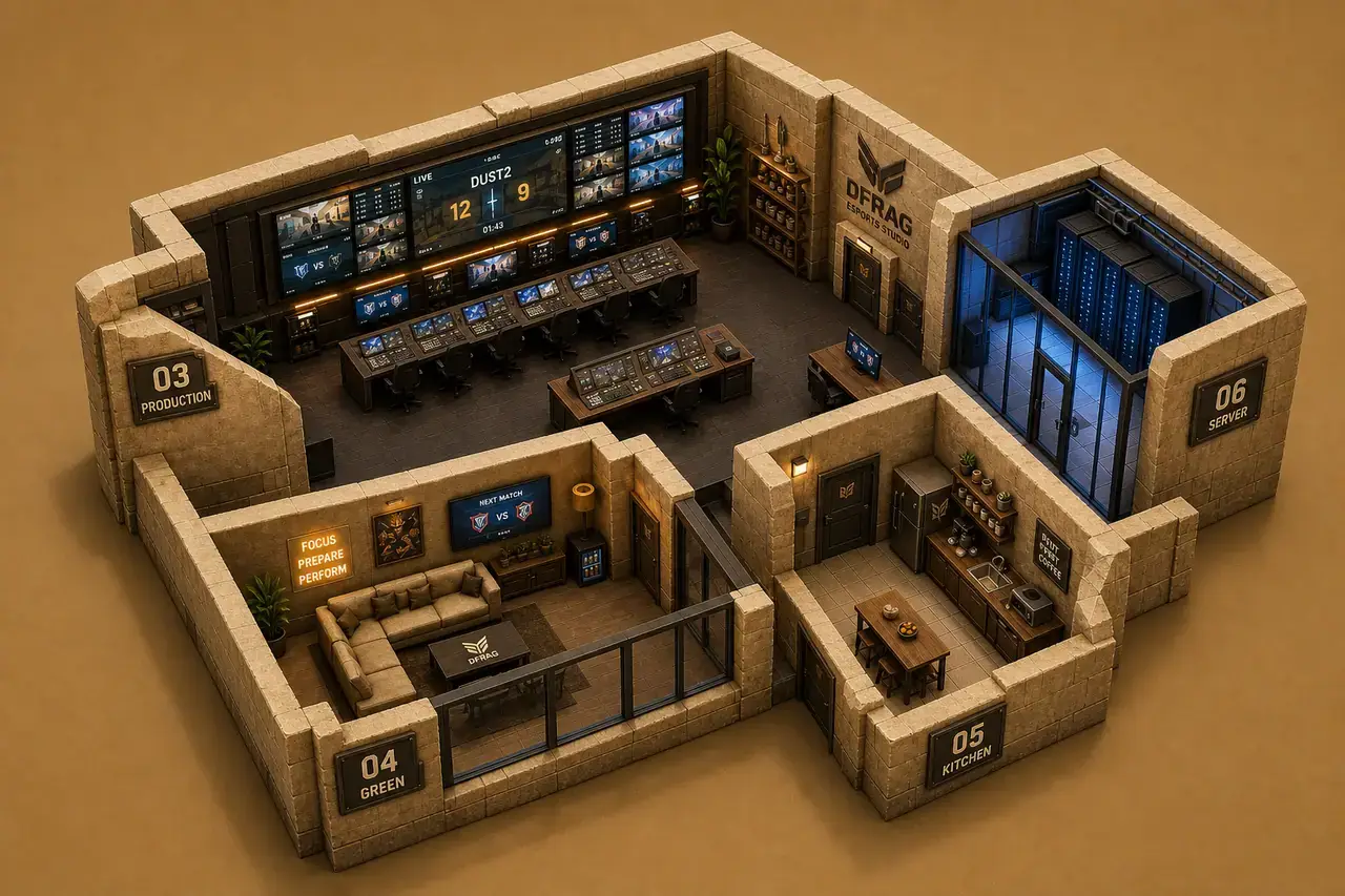 Isometric upstairs map of production, green room, kitchen and server room