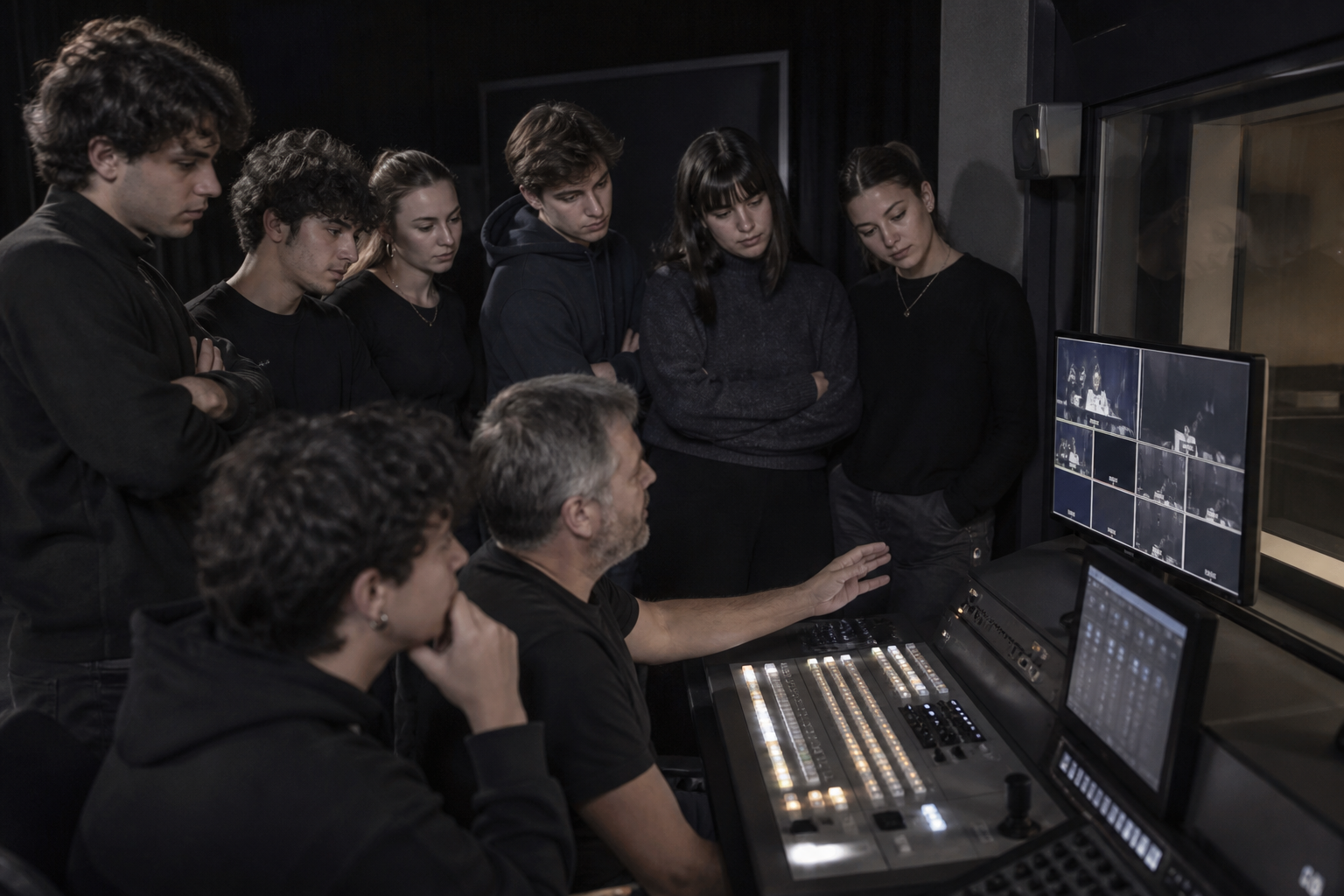 Emerging talent observing a live production desk