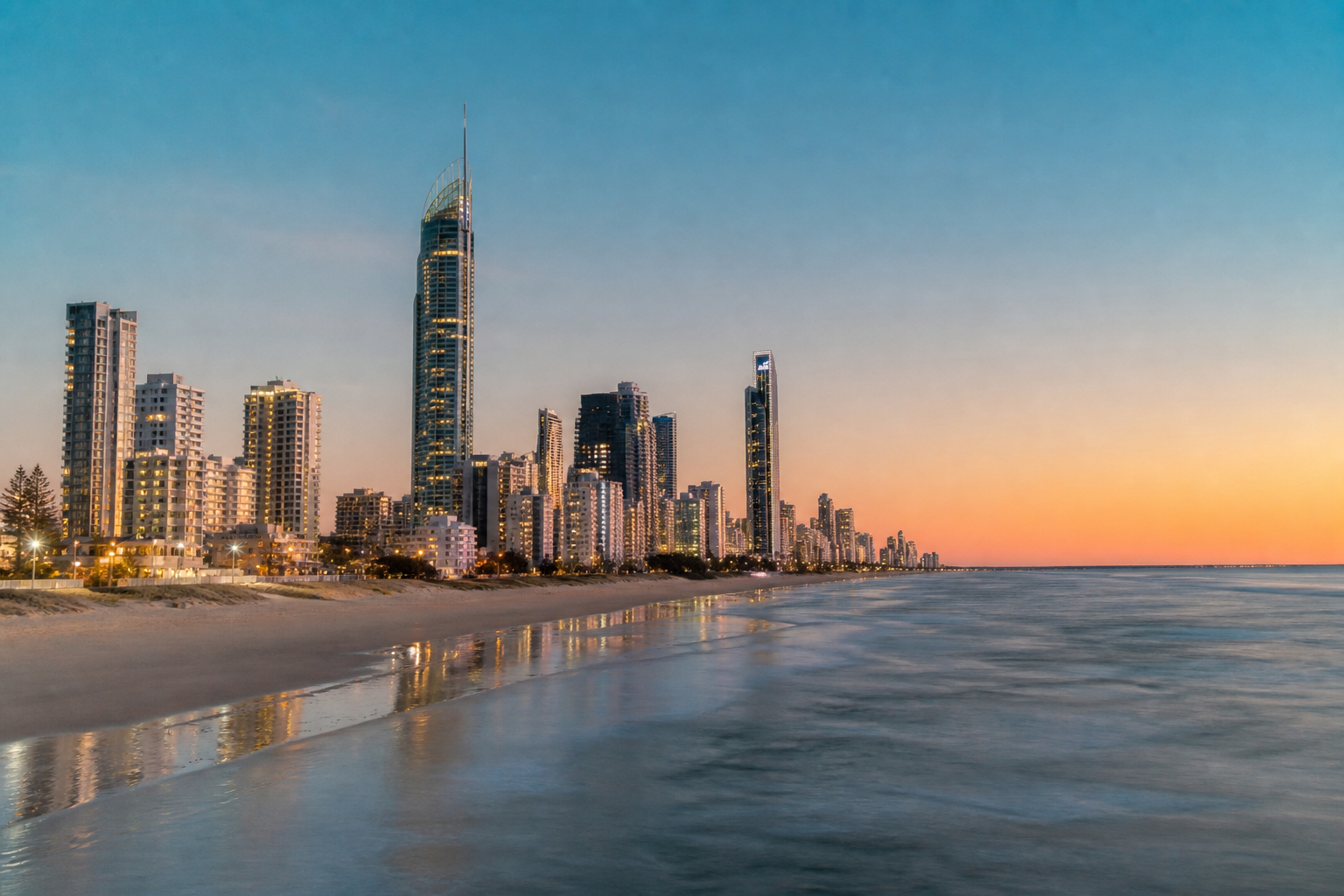 Gold Coast skyline and coastline at dusk