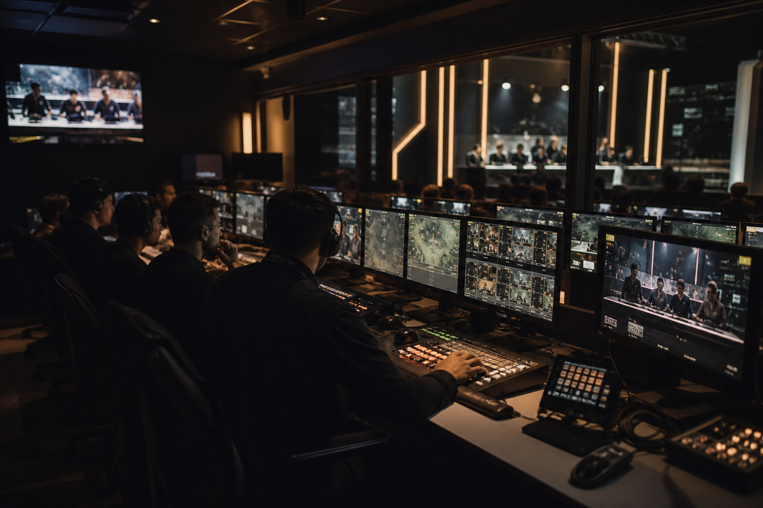 Cinematic view of an esports broadcast control room