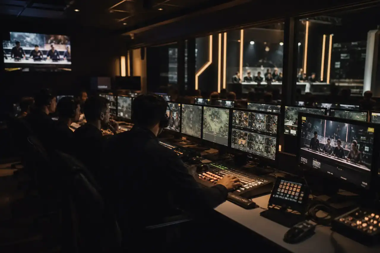 Cinematic view of an esports broadcast control room