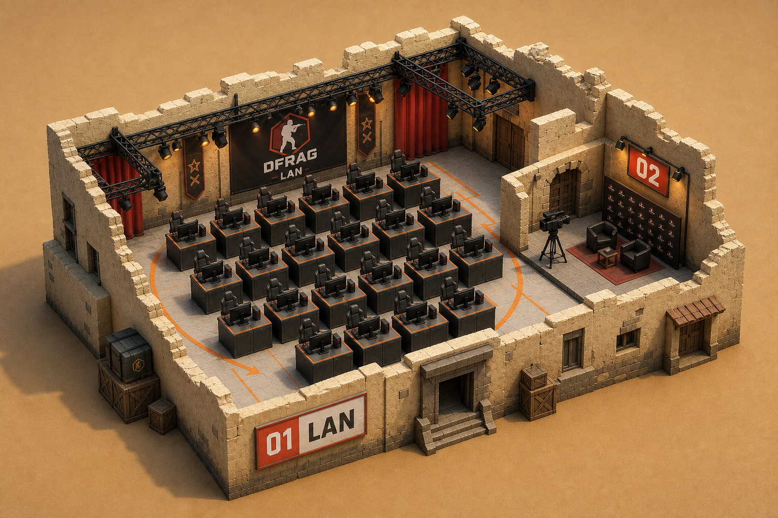 Isometric downstairs map of the DFRAG LAN centre and interview set